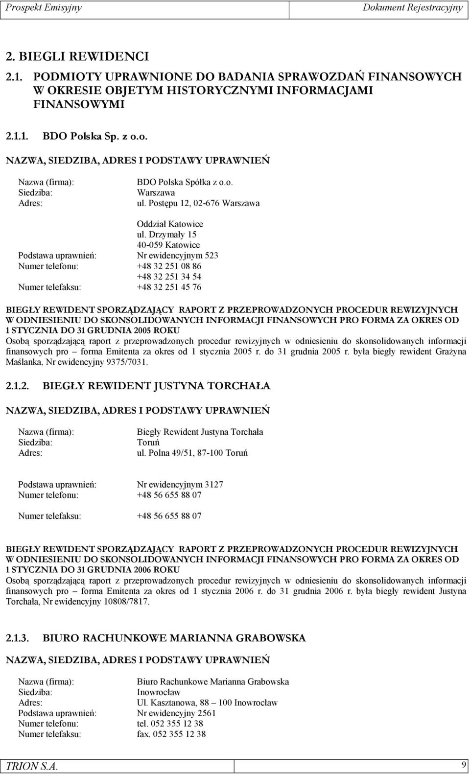 Drzymały 15 40-059 Katowice Podstawa uprawnień: Nr ewidencyjnym 523 Numer telefonu: +48 32 251 08 86 +48 32 251 34 54 Numer telefaksu: +48 32 251 45 76 BIEGŁY REWIDENT SPORZĄDZAJĄCY RAPORT Z