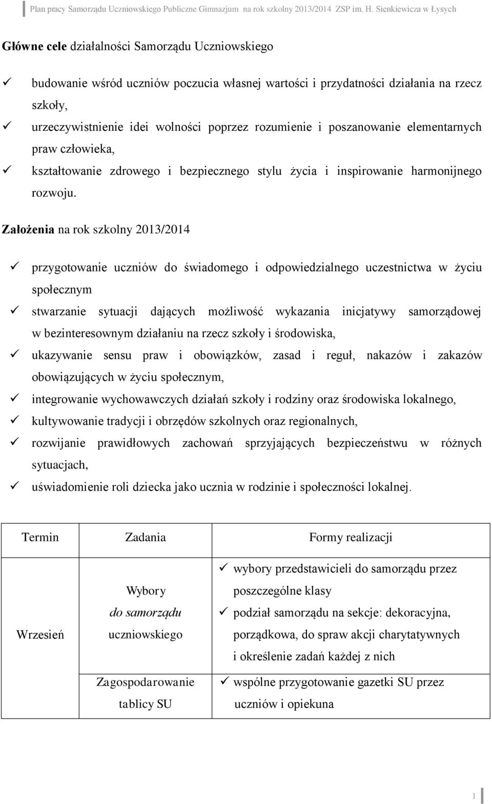 Założenia na rok szkolny 2013/2014 przygotowanie uczniów do świadomego i odpowiedzialnego uczestnictwa w życiu społecznym stwarzanie sytuacji dających możliwość wykazania inicjatywy samorządowej w