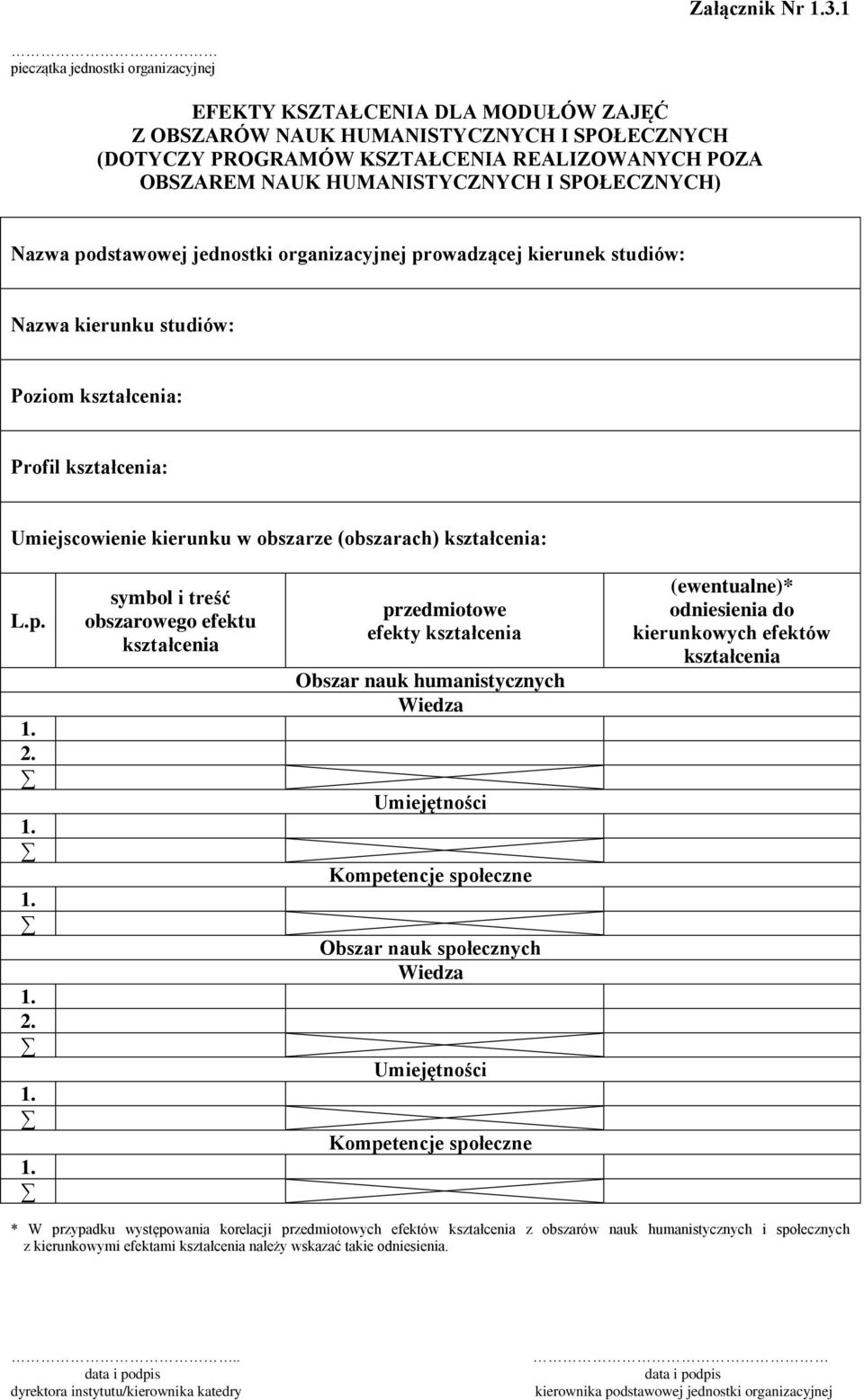 I SPOŁECZNYCH) Nazwa podstawowej jednostki organizacyjnej prowadzącej kierunek studiów: Nazwa kierunku studiów: Poziom kształcenia: Profil kształcenia: Umiejscowienie kierunku w obszarze (obszarach)