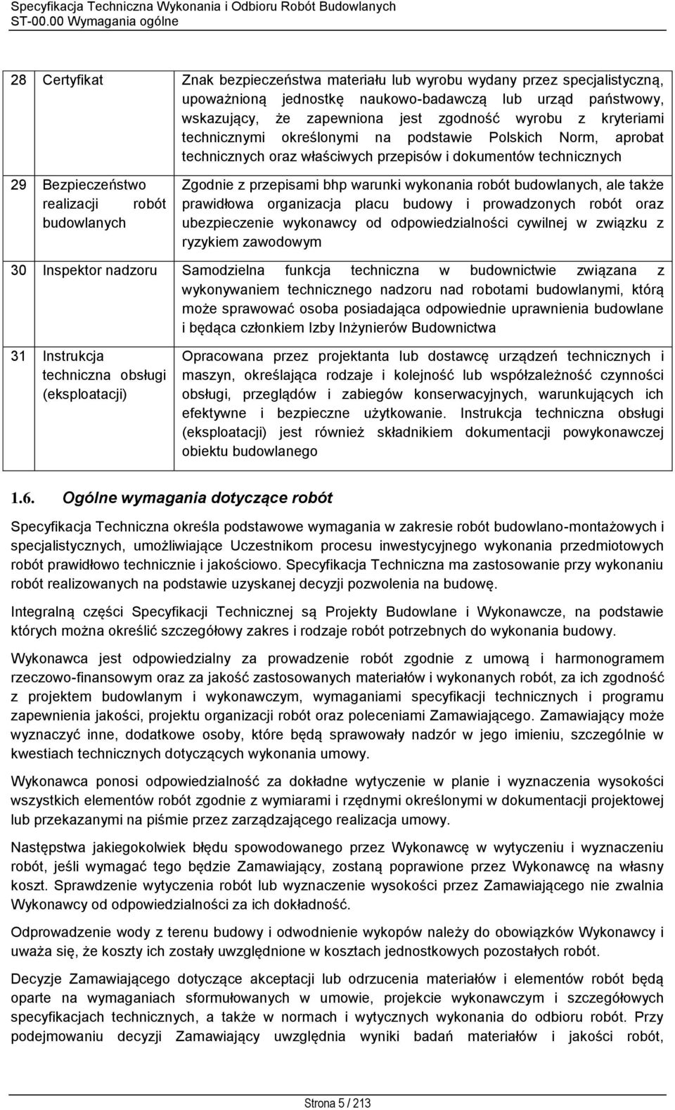 zgodność wyrobu z kryteriami technicznymi określonymi na podstawie Polskich Norm, aprobat technicznych oraz właściwych przepisów i dokumentów technicznych 29 Bezpieczeństwo realizacji robót