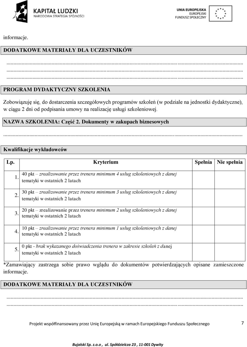 umowy na realizację usługi szkoleniowej. NAZWA SZKOLENIA: Część 2. Dokumenty w zakupach biznesowych.. Kwalifikacje wykładowców Lp. Kryterium Spełnia Nie spełnia 1. 2. 3. 4. 5.