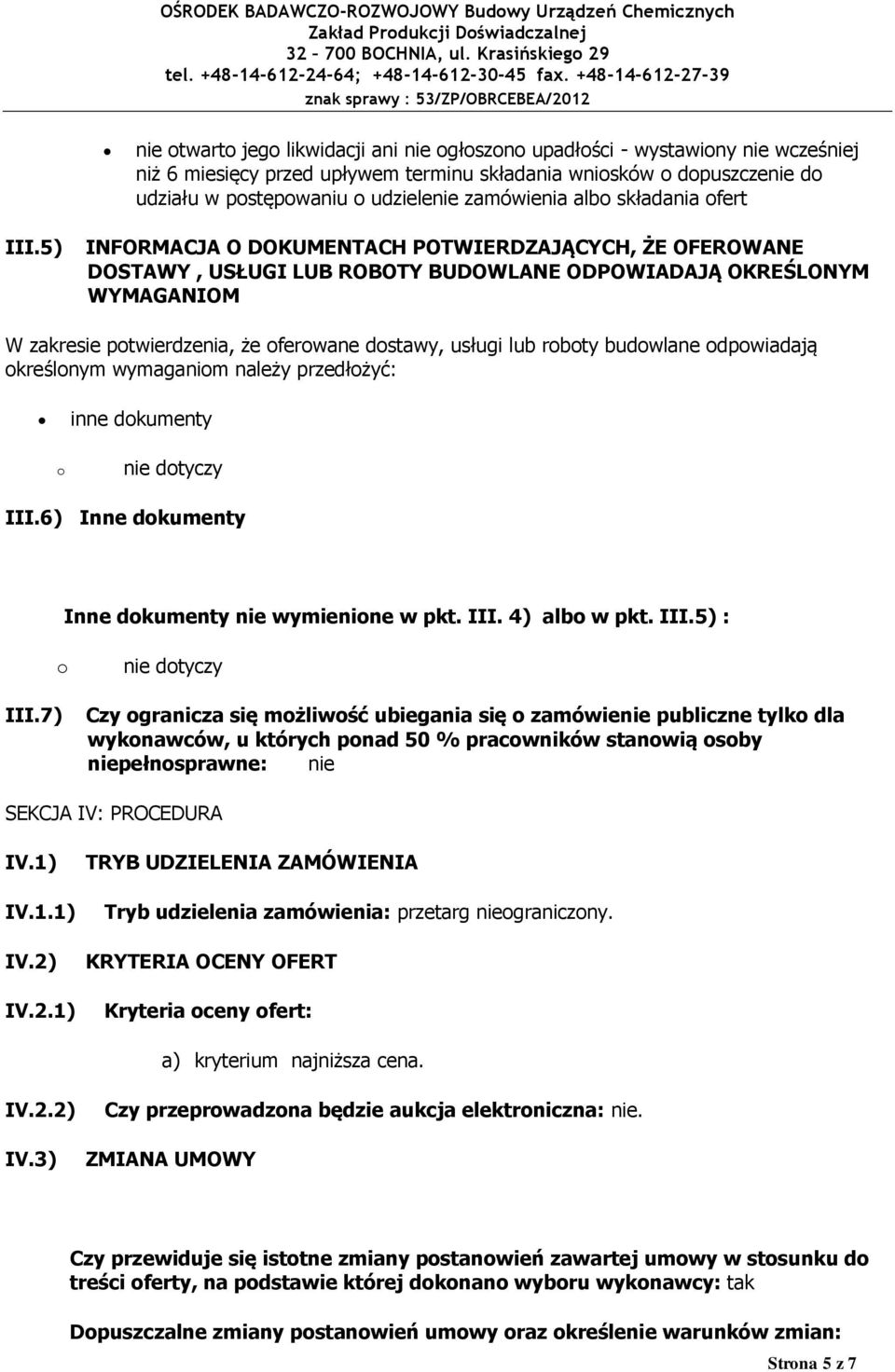 zamówienia alb składania fert III.