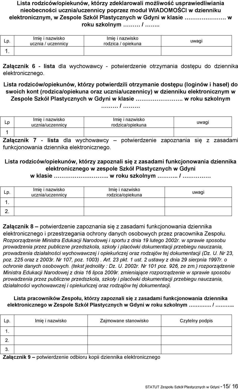 Lista rodziców/opiekunów, którzy potwierdzili otrzymanie dostępu (loginów i haseł) do swoich kont (rodzica/opiekuna oraz ucznia/uczennicy) w dzienniku elektronicznym w Zespole Szkół Plastycznych w