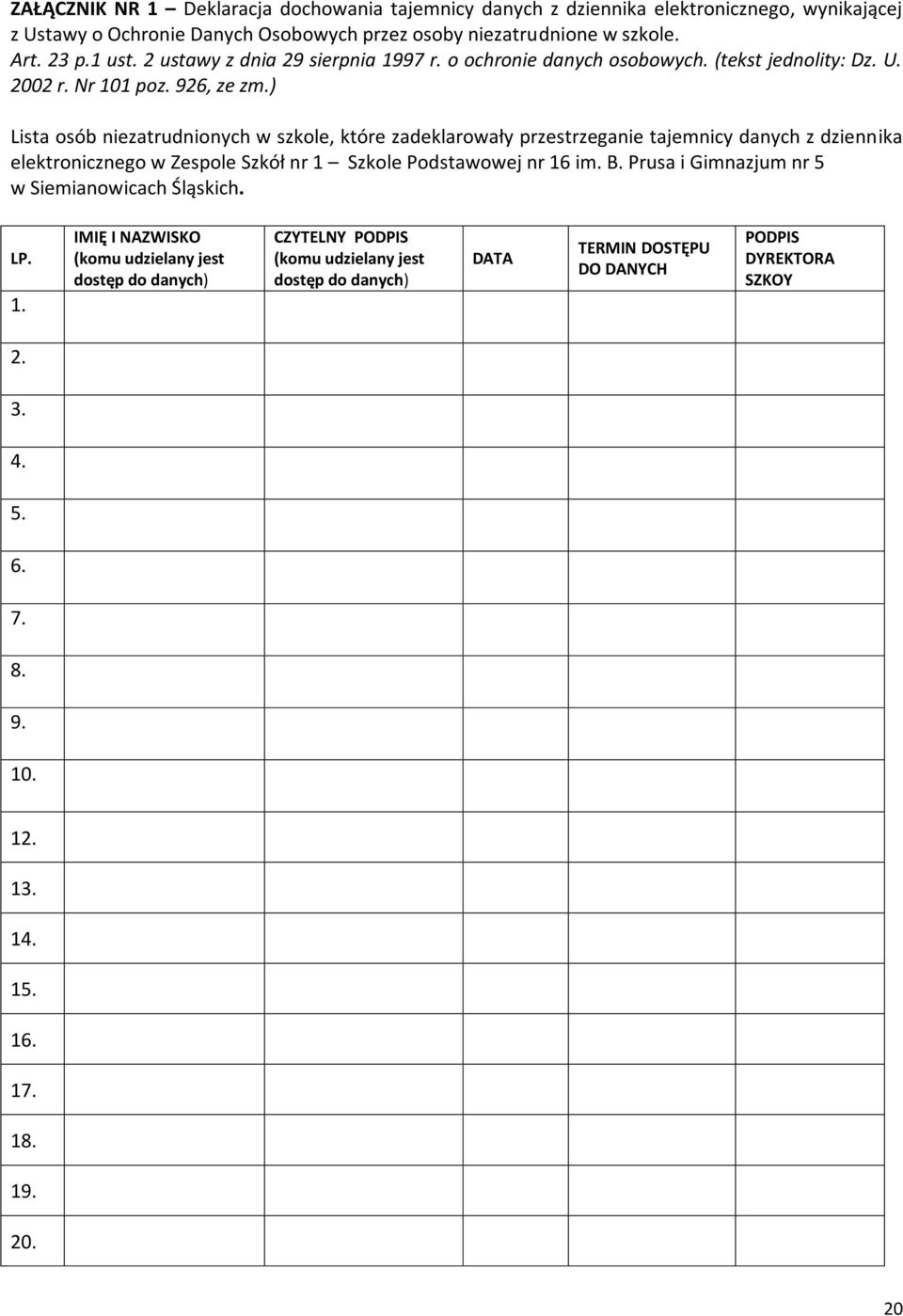 ) Lista osób niezatrudnionych w szkole, które zadeklarowały przestrzeganie tajemnicy danych z dziennika elektronicznego w Zespole Szkół nr 1 Szkole Podstawowej nr 16 im. B.