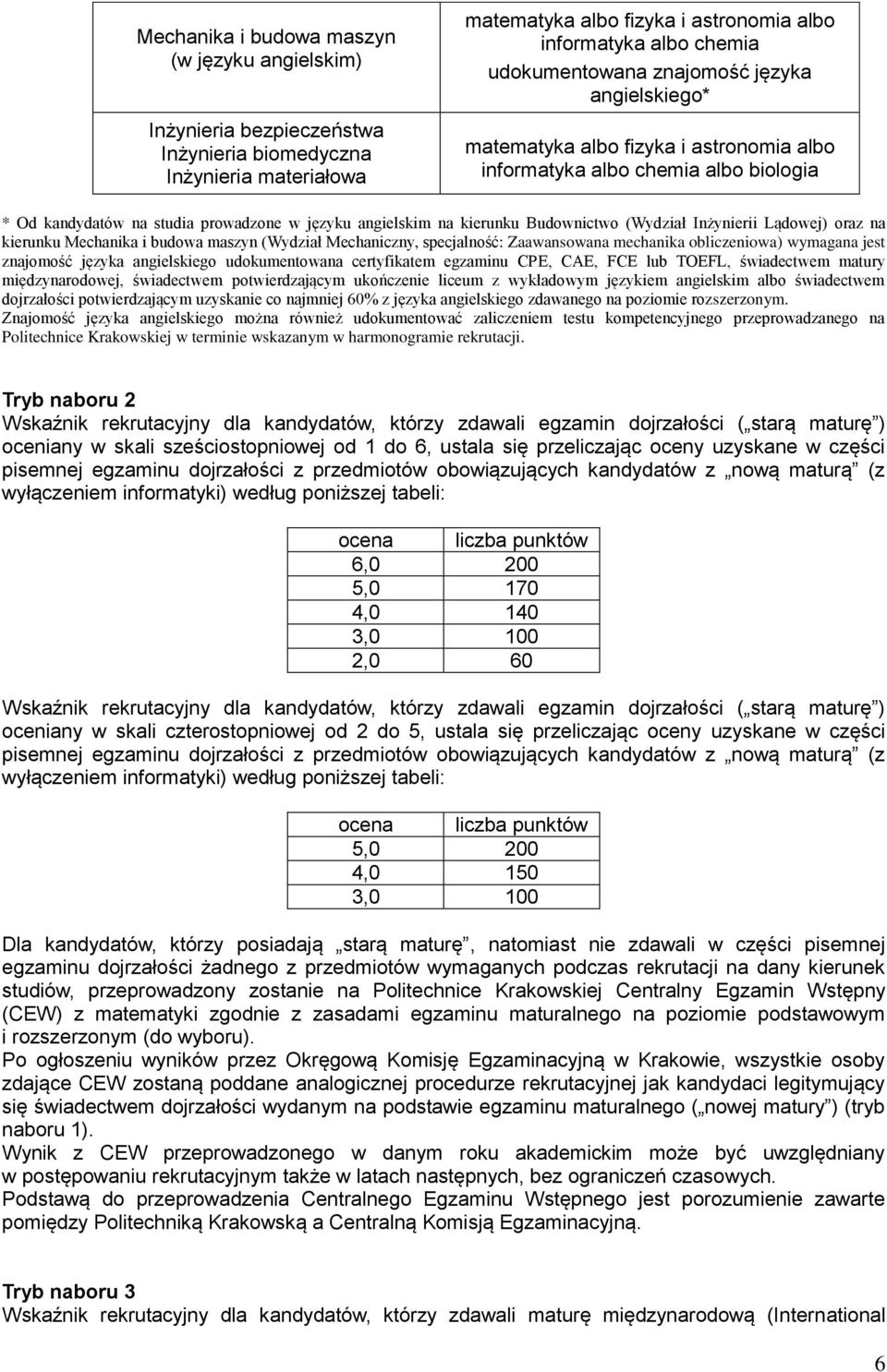 Zaawansowana mechanika obliczeniowa) wymagana jest znajomość języka angielskiego udokumentowana certyfikatem egzaminu CPE, CAE, FCE lub TOEFL, świadectwem matury międzynarodowej, świadectwem