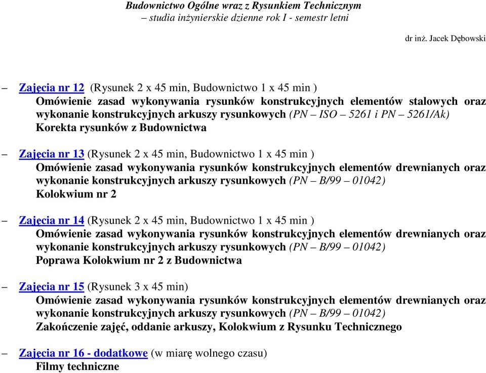 (PN B/99 01042) Kolokwium nr 2 Zajęcia nr 14 (Rysunek 2 x 45 min, Budownictwo 1 x 45 min ) Omówienie zasad wykonywania rysunków konstrukcyjnych elementów drewnianych oraz wykonanie konstrukcyjnych