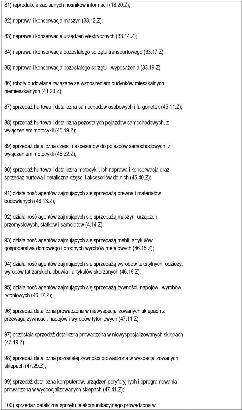 Z); 86) roboty budowlane związane ze wznoszeniem budynków mieszkalnych i niemieszkalnych (41.20.Z); 87) sprzedaż hurtowa i detaliczna samochodów osobowych i furgonetek (45.11.