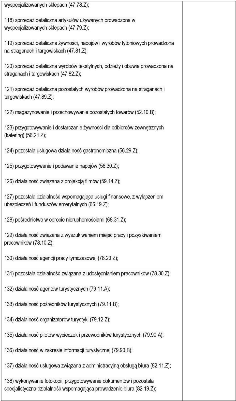 Z); 120) sprzedaż detaliczna wyrobów tekstylnych, odzieży i obuwia prowadzona na straganach i targowiskach (47.82.