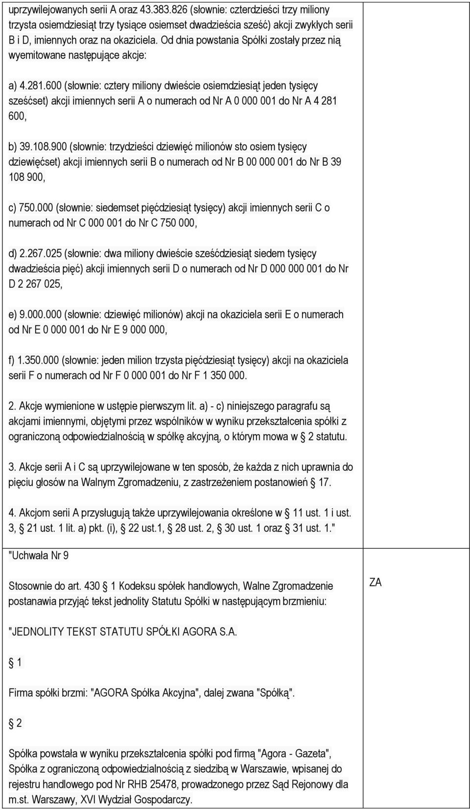 600 (słownie: cztery miliony dwieście osiemdziesiąt jeden tysięcy sześćset) akcji imiennych serii A o numerach od Nr A 0 000 001 do Nr A 4 281 600, b) 39.108.