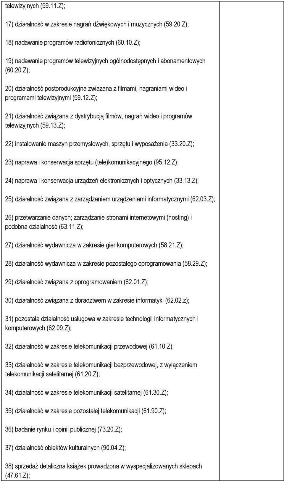 Z); 21) działalność związana z dystrybucją filmów, nagrań wideo i programów telewizyjnych (59.13.Z); 22) instalowanie maszyn przemysłowych, sprzętu i wyposażenia (33.20.