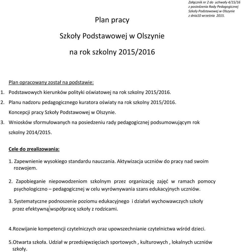 Koncepcji pracy Szkoły Podstawowej w Olszynie. 3. Wniosków sformułowanych na posiedzeniu rady pedagogicznej podsumowującym rok szkolny 2014/2015. Cele do zrealizowania: 1.