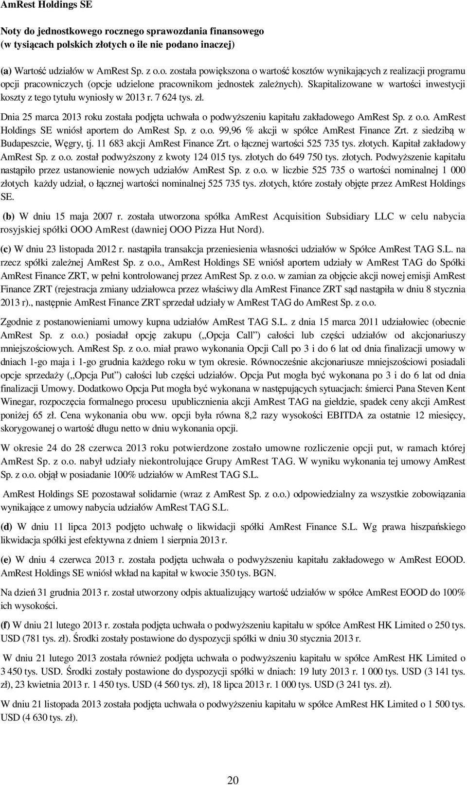 z o.o. 99,96 % akcji w spółce AmRest Finance Zrt. z siedzibą w Budapeszcie, Węgry, tj. 11 683 akcji AmRest Finance Zrt. o łącznej wartości 525 735 tys. złotych. Kapitał zakładowy AmRest Sp. z o.o. został podwyższony z kwoty 124 015 tys.