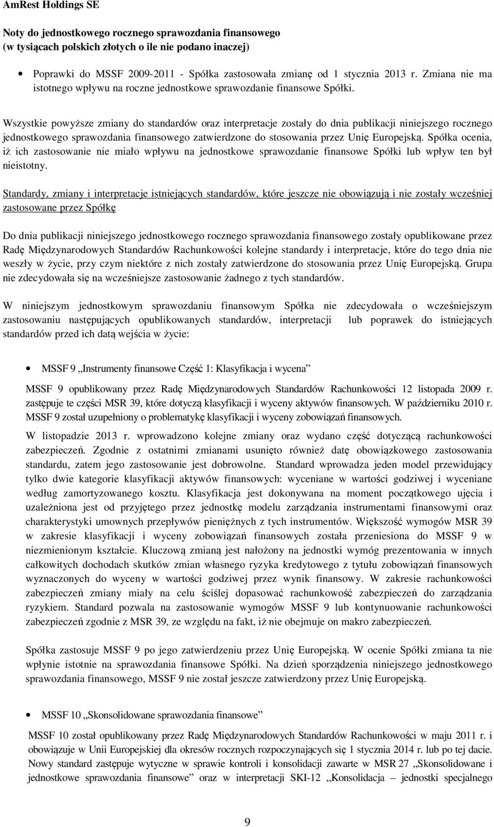 Spółka ocenia, iż ich zastosowanie nie miało wpływu na jednostkowe sprawozdanie finansowe Spółki lub wpływ ten był nieistotny.