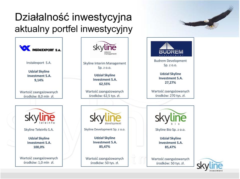 z o.o. 27,27% środków: 270 tys. zł. Skyline Teleinfo S.A. Skyline Development Sp. z o.o. Skyline Bio Sp.