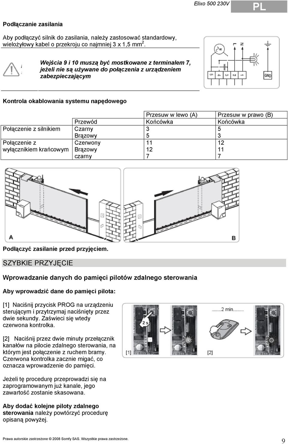 wyłącznikiem krańcowym Przesuw w lewo (A) Przesuw w prawo (B) Przewód Końcówka Końcówka Czarny 3 5 Brązowy 5 3 Czerwony 11 12 Brązowy 12 11 czarny 7 7 Podłączyć zasilanie przed przyjęciem.