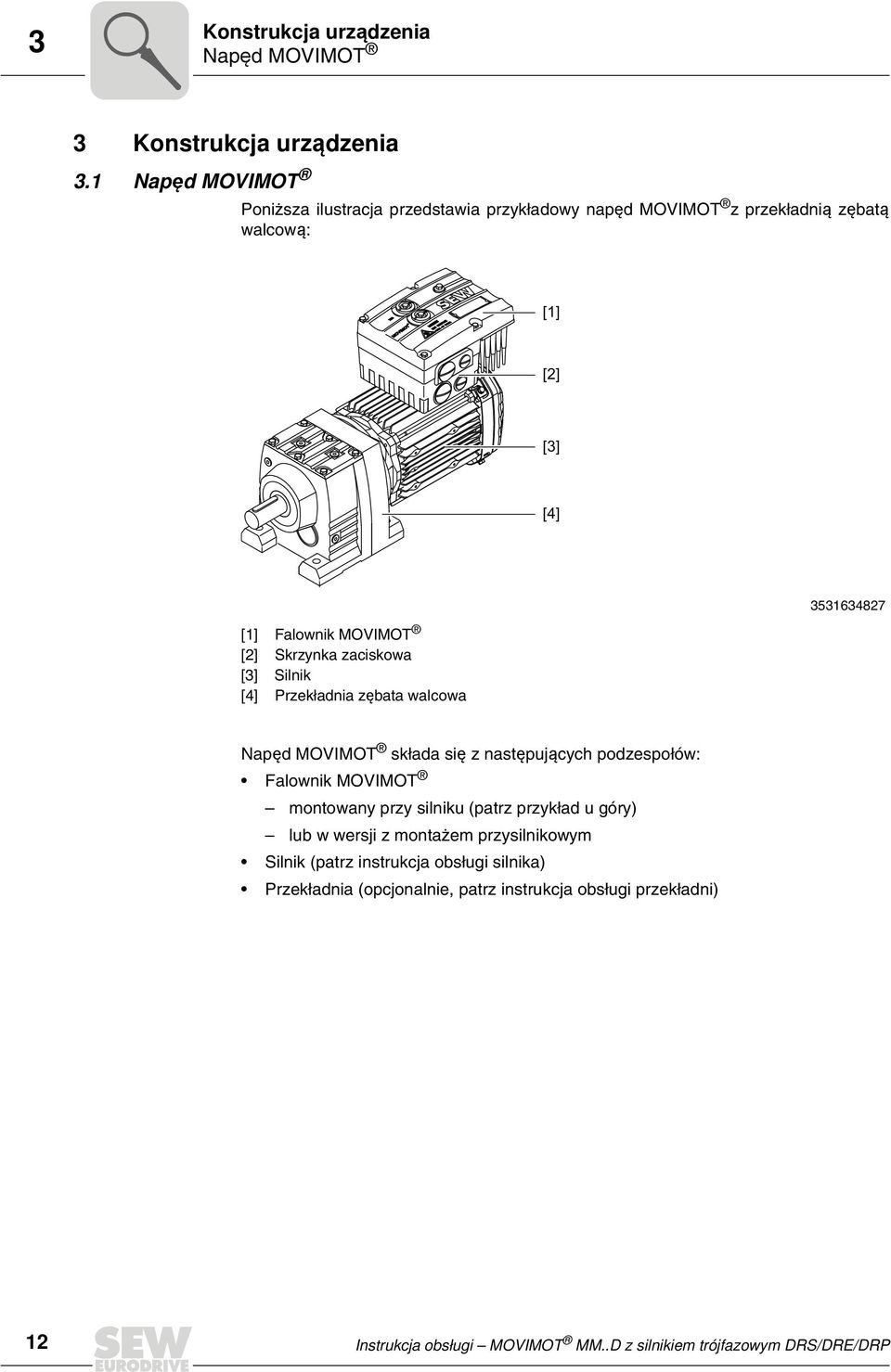 zaciskowa [3] Silnik [4] Przekładnia zębata walcowa 3531634827 Napęd MOVIMOT składa się z następujących podzespołów: Falownik MOVIMOT montowany przy