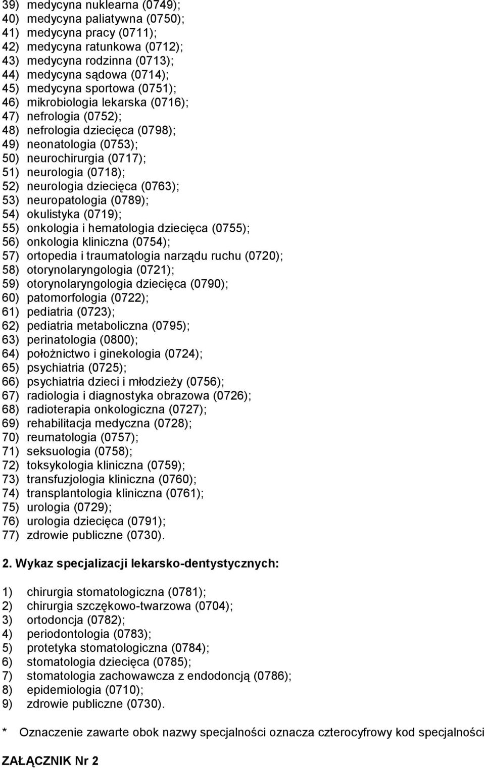 dziecięca (0763); 53) neuropatologia (0789); 54) okulistyka (0719); 55) onkologia i hematologia dziecięca (0755); 56) onkologia kliniczna (0754); 57) ortopedia i traumatologia narządu ruchu (0720);