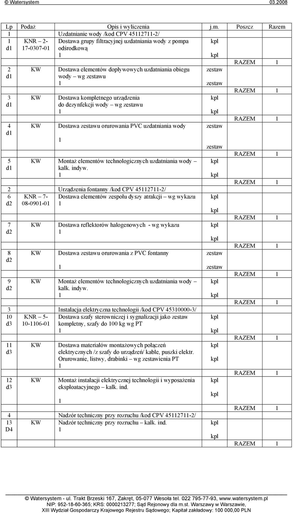 obiegu wody wg zestawu Dostawa kompletnego urządzenia do dezynfekcji wody wg zestawu Dostawa zestawu orurowania PVC uzdatniania wody KW Montaż elementów technologicznych uzdatniania wody kalk. indyw.