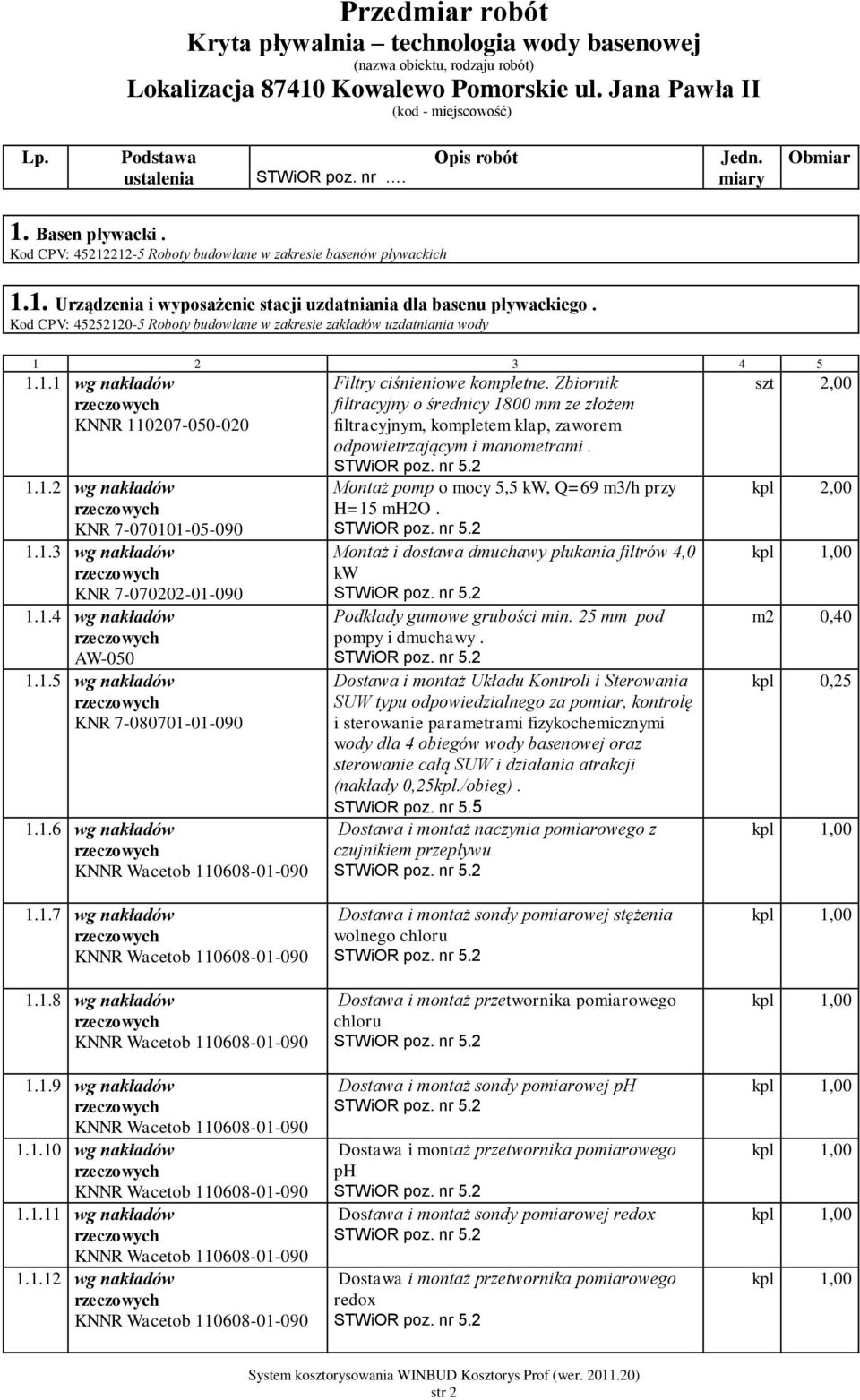Kod CPV: 45252120-5 Roboty budowlane w zakresie zakładów uzdatniania wody 1.1.1 wg nakładów KNNR 110207-050-020 1.1.2 wg nakładów KNR 7-070101-05-1.1.3 wg nakładów KNR 7-070202-01-1.1.4 wg nakładów AW-050 1.