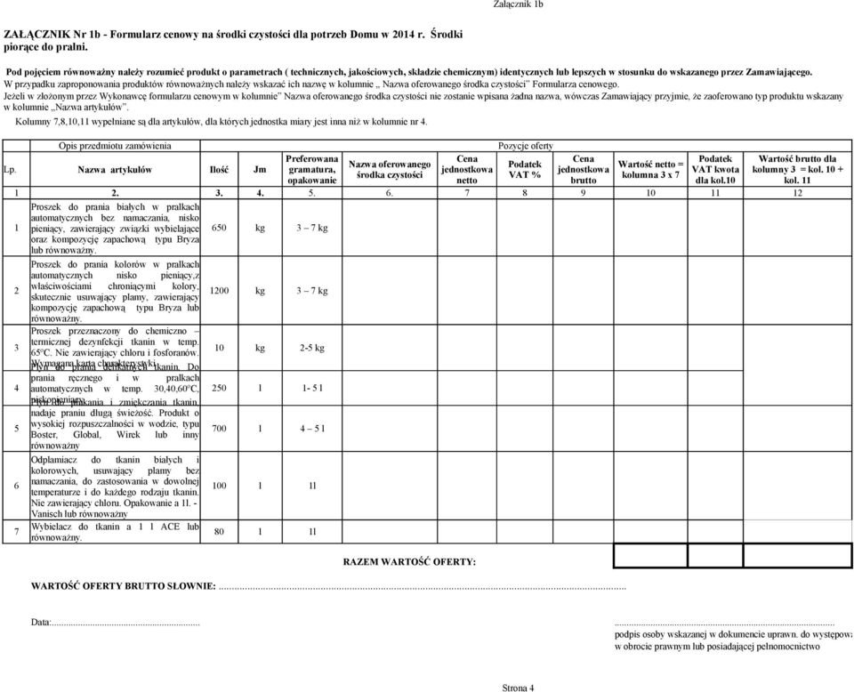 W przypadku zaproponowania produktów równoważnych należy wskazać ich nazwę w kolumnie Nazwa oferowanego środka czystości Formularza cenowego.