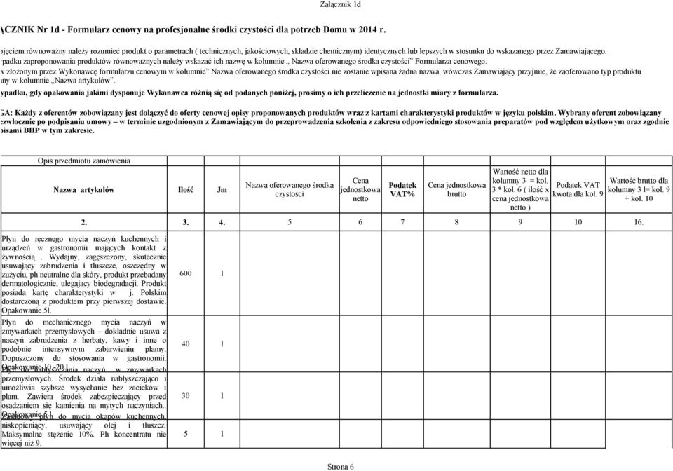 W przypadku zaproponowania produktów równoważnych należy wskazać ich nazwę w kolumnie Nazwa oferowanego środka czystości Formularza cenowego.