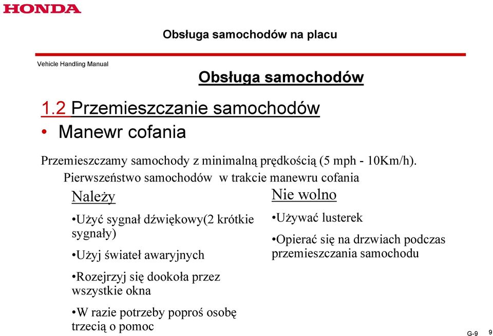 Pierwszeństwo ń samochodów w trakcie manewru cofania Należy Użyć sygnał dźwiękowy(2 krótkie sygnały) Użyj świateł