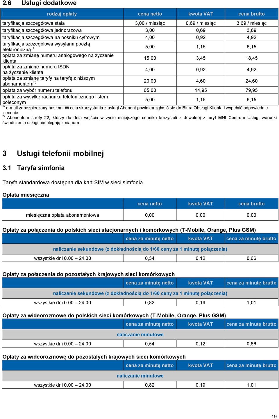 numeru ISDN na życzenie klienta 4,00 0,92 4,92 opłata za zmianę taryfy na taryfę z niższym 2) abonamentem 20,00 4,60 24,60 opłata za wybór numeru telefonu 65,00 14,95 79,95 opłata za wysyłkę rachunku