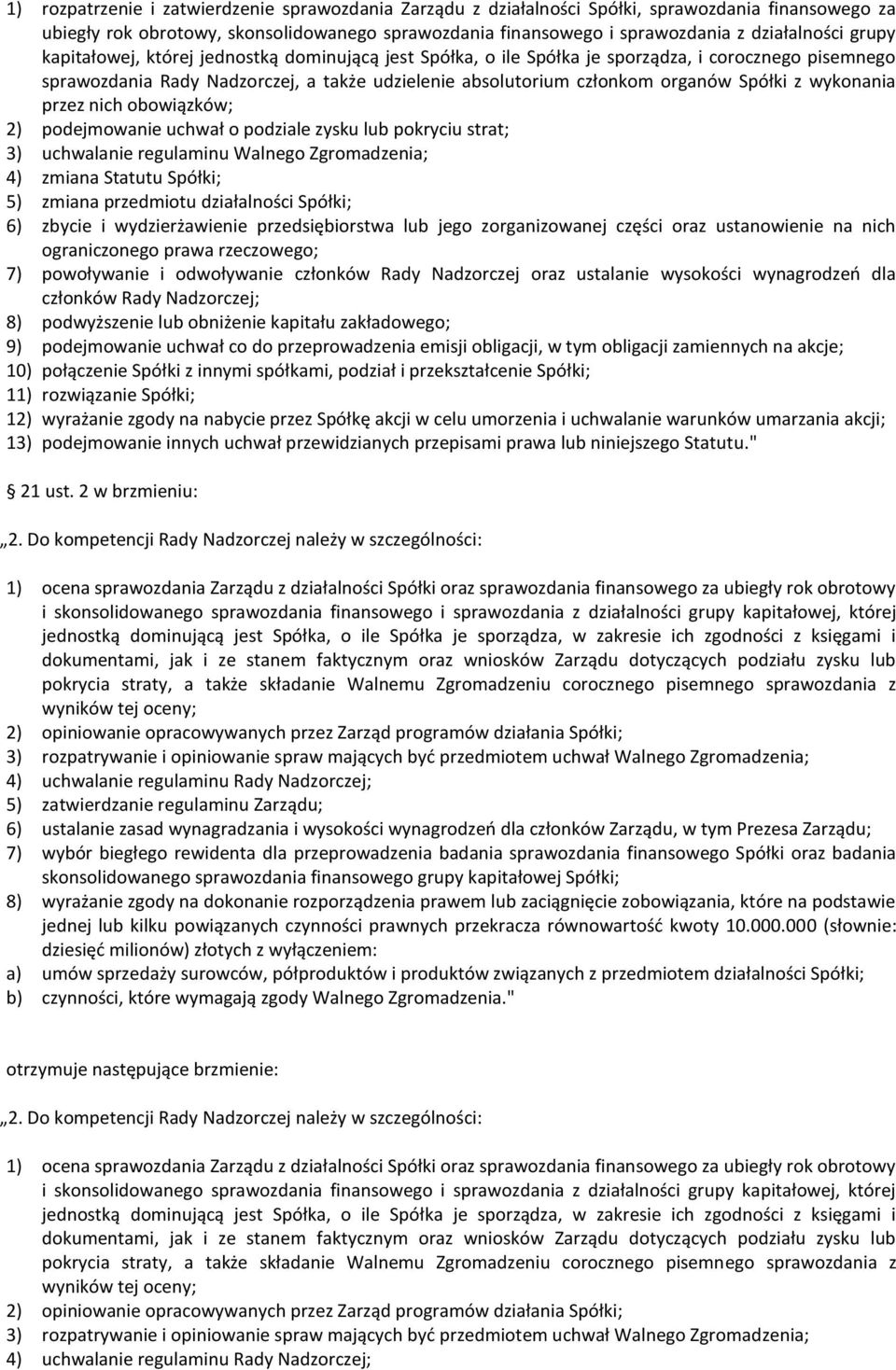 wykonania przez nich obowiązków; 2) podejmowanie uchwał o podziale zysku lub pokryciu strat; 3) uchwalanie regulaminu Walnego Zgromadzenia; 4) zmiana Statutu Spółki; 5) zmiana przedmiotu działalności