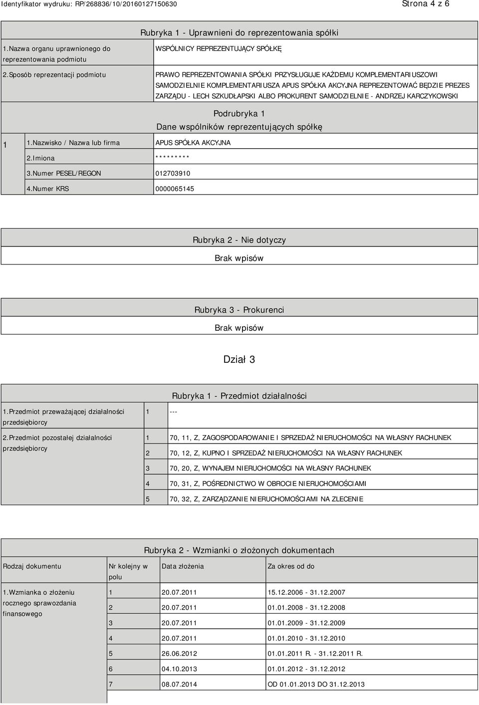 PREZES ZARZĄDU - LECH SZKUDŁAPSKI ALBO PROKURENT SAMODZIEL - ANDRZEJ KARCZYKOWSKI Dane wspólników reprezentujących spółkę 1 1.Nazwisko / Nazwa lub firma APUS SPÓŁKA AKCYJNA 2.Imiona **** 3.