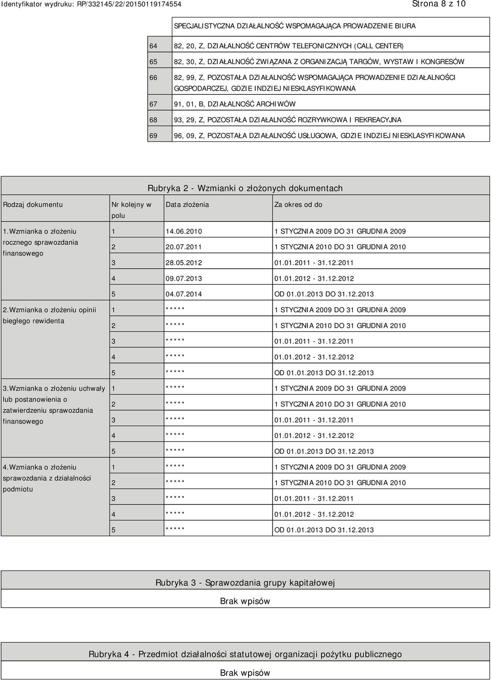 ROZRYWKOWA I REKREACYJNA 69 96, 09, Z, POZOSTAŁA DZIAŁALNOŚĆ USŁUGOWA, GDZIE INDZIEJ SKLASYFIKOWANA Rubryka 2 - Wzmianki o złożonych dokumentach Rodzaj dokumentu Nr kolejny w polu Data złożenia Za