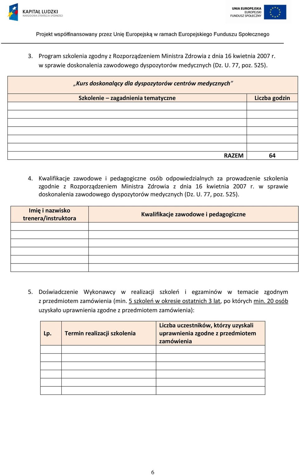 Kwalifikacje zawodowe i pedagogiczne osób odpowiedzialnych za prowadzenie szkolenia zgodnie z Rozporządzeniem Ministra Zdrowia z dnia 16 kwietnia 2007 r.