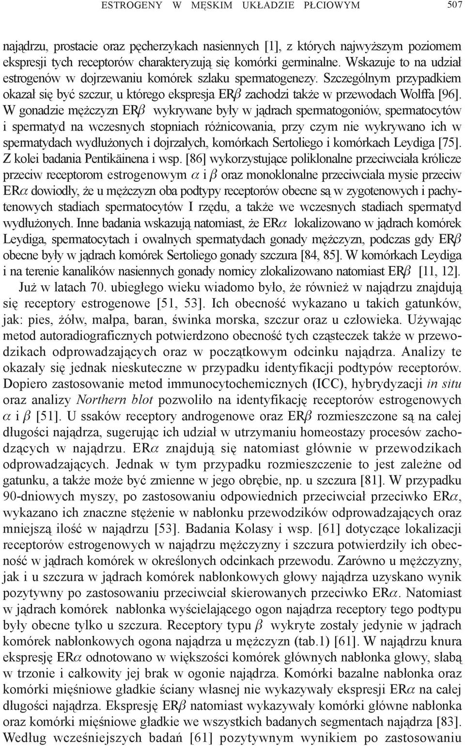 W gonadzie mê czyzn ERβ wykrywane by³y w j¹drach spermatogoniów, spermatocytów i spermatyd na wczesnych stopniach ró nicowania, przy czym nie wykrywano ich w spermatydach wyd³u onych i dojrza³ych,