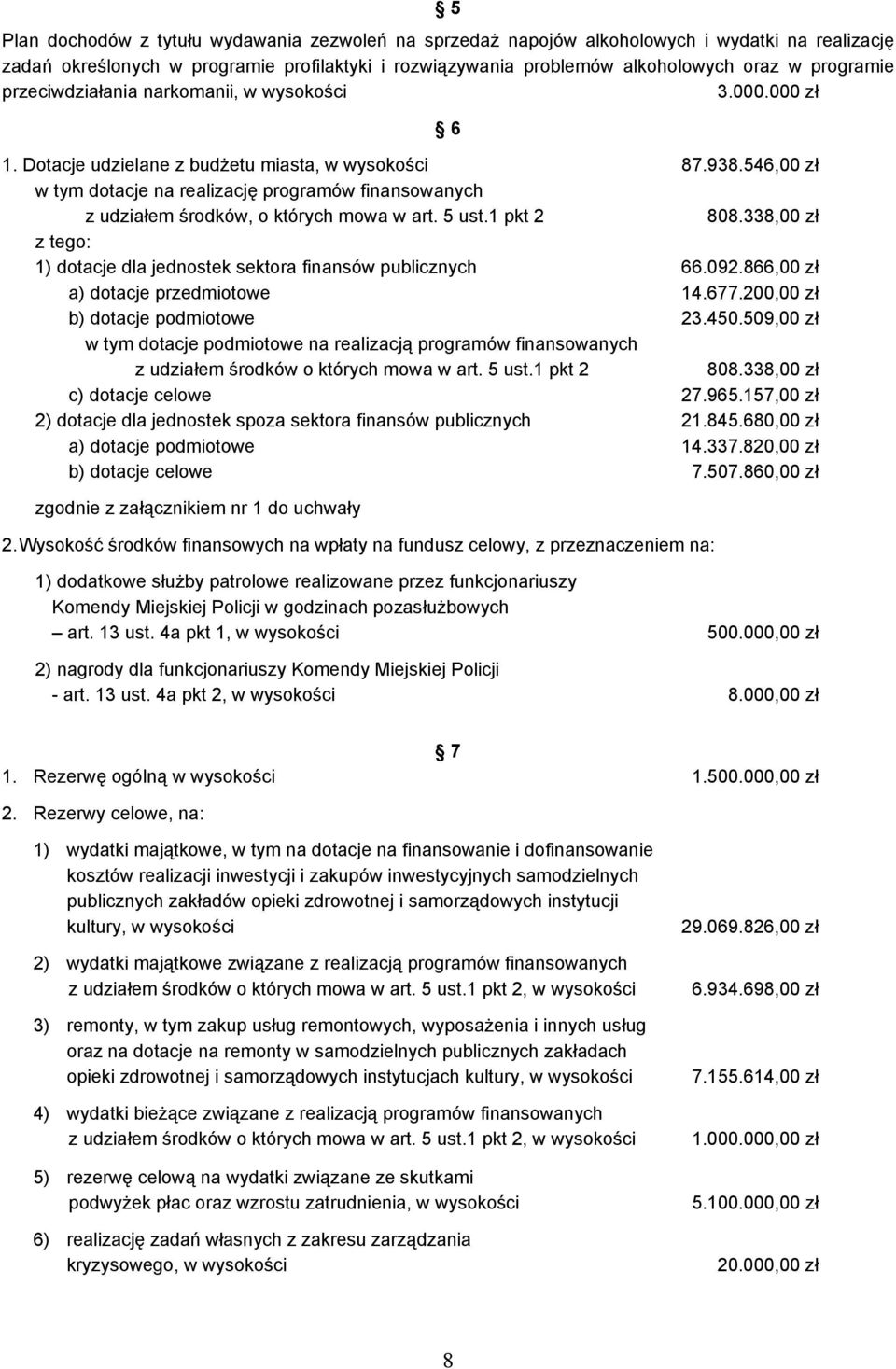 546,00 zł w tym dotacje na realizację programów finansowanych z udziałem środków, o których mowa w art. 5 ust.1 pkt 2 808.338,00 zł z tego: 1) dotacje dla jednostek sektora finansów publicznych 66.