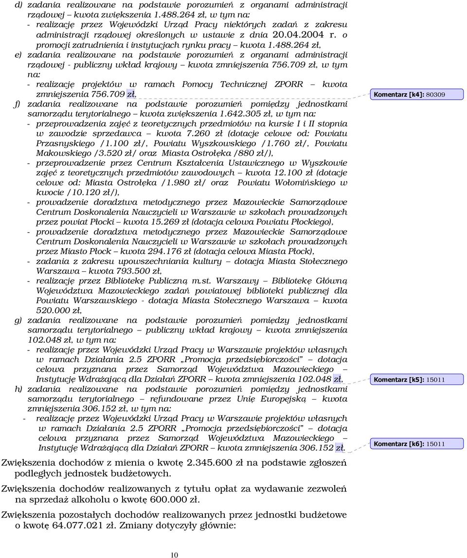 o promocji zatrudnienia i instytucjach rynku pracy kwota 1.488.264 zł, e) zadania realizowane na podstawie porozumie z organami administracji rzdowej - publiczny wkład krajowy kwota zmniejszenia 756.