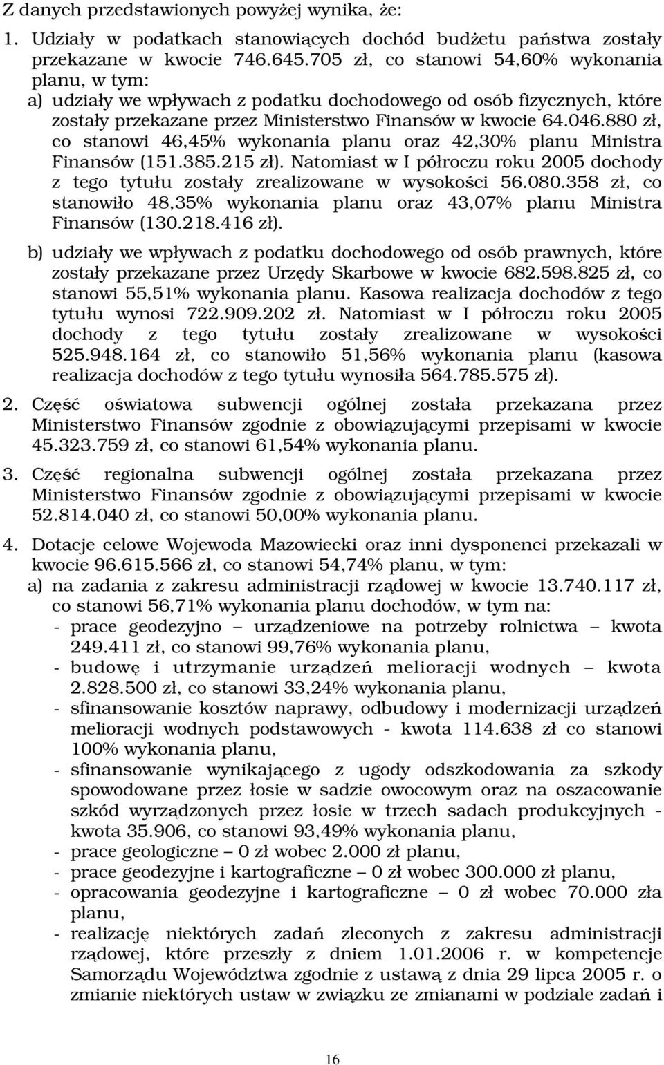 880 zł, co stanowi 46,45% wykonania planu oraz 42,30% planu Ministra Finansów (151.385.215 zł). Natomiast w I półroczu roku 2005 dochody z tego tytułu zostały zrealizowane w wysokoci 56.080.