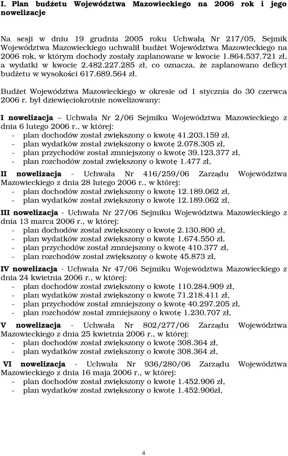 Budet Województwa Mazowieckiego w okresie od 1 stycznia do 30 czerwca 2006 r. był dziewiciokrotnie nowelizowany: I nowelizacja Uchwała Nr 2/06 Sejmiku Województwa Mazowieckiego z dnia 6 lutego 2006 r.