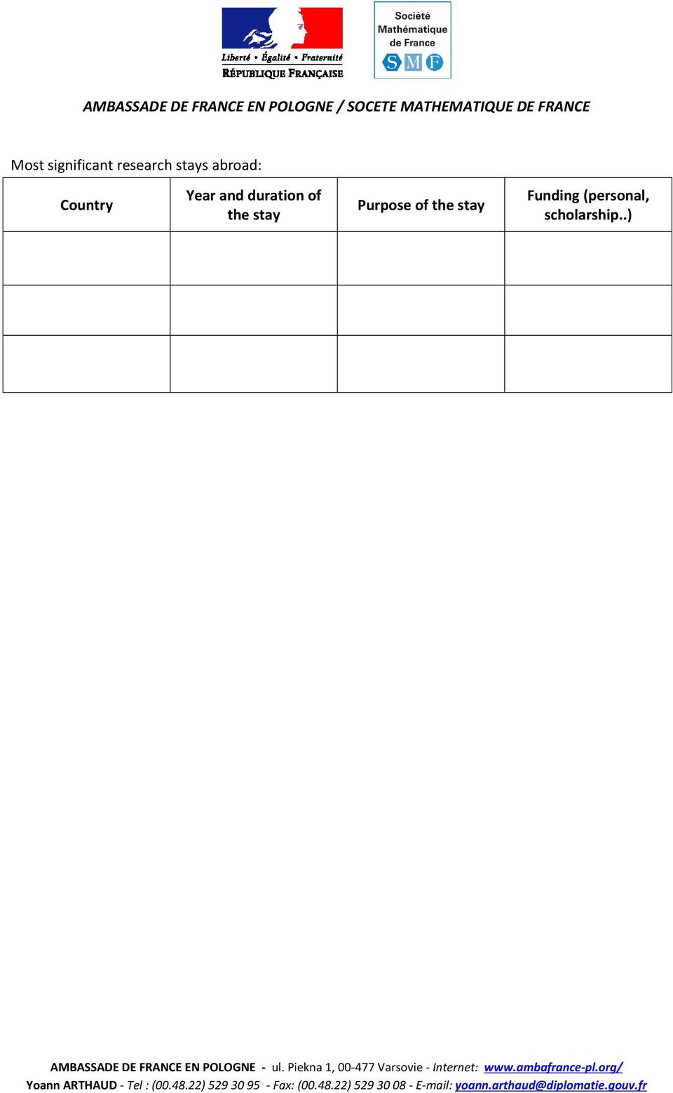 duration of the stay Purpose of