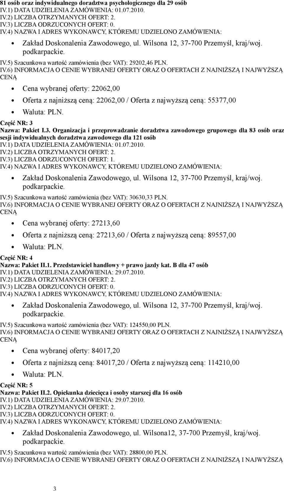 7,00 Część NR: 3 Nazwa: Pakiet I.3. Organizacja i przeprowadzanie doradztwa zawodowego grupowego dla 83 osób oraz sesji indywidualnych doradztwa zawodowego dla 121 osób IV.