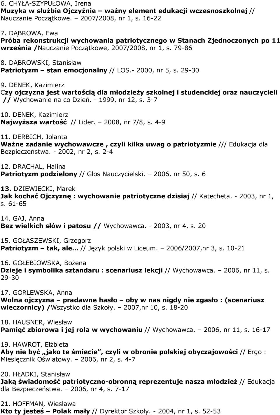 DĄBROWSKI, Stanisław Patriotyzm stan emocjonalny // LOS.- 2000, nr 5, s. 29-30 9.