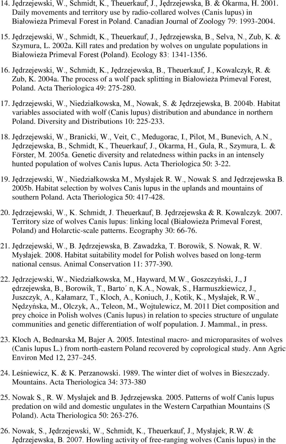 Kill rates and predation by wolves on ungulate populations in Białowieża Primeval Forest (Poland). Ecology 83: 1341-1356. 16. Jędrzejewski, W., Schmidt, K., Jędrzejewska, B., Theuerkauf, J.