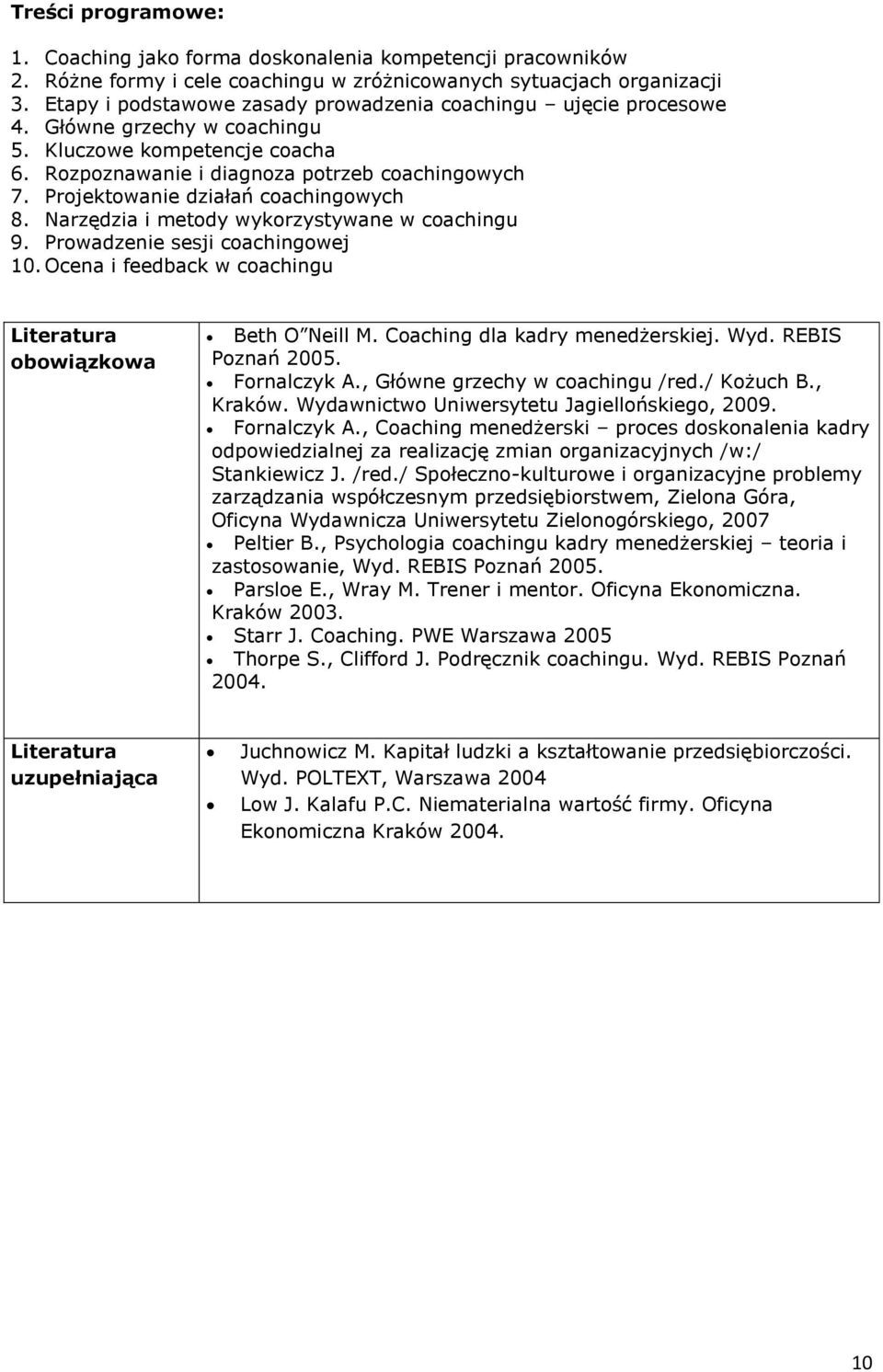 Projektowanie działań coachingowych 8. Narzędzia i metody wykorzystywane w coachingu 9. Prowadzenie sesji coachingowej 10. Ocena i feedback w coachingu obowiązkowa Beth O Neill M.