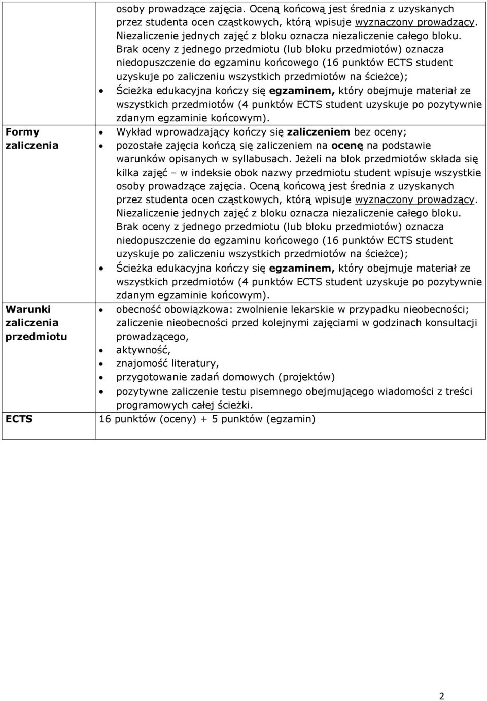 Brak oceny z jednego (lub bloku przedmiotów) oznacza niedopuszczenie do egzaminu końcowego (16 punktów ECTS student uzyskuje po zaliczeniu wszystkich przedmiotów na ścieżce); Ścieżka edukacyjna