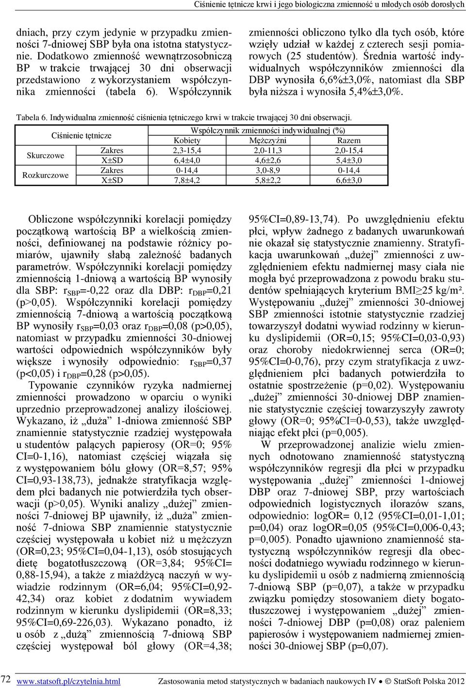 Współczynnik zmienności obliczono tylko dla tych osób, które wzięły udział w każdej z czterech sesji pomiarowych (25 studentów).