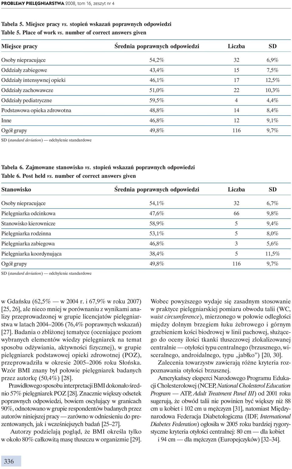 Oddziały zachowawcze 51,0% 22 10,3% Oddziały pediatryczne 59,5% 4 4,4% Podstawowa opieka zdrowotna 48,8% 14 8,4% Inne 46,8% 12 9,1% Ogół grupy 49,8% 116 9,7% SD (standard deviation) odchylenie