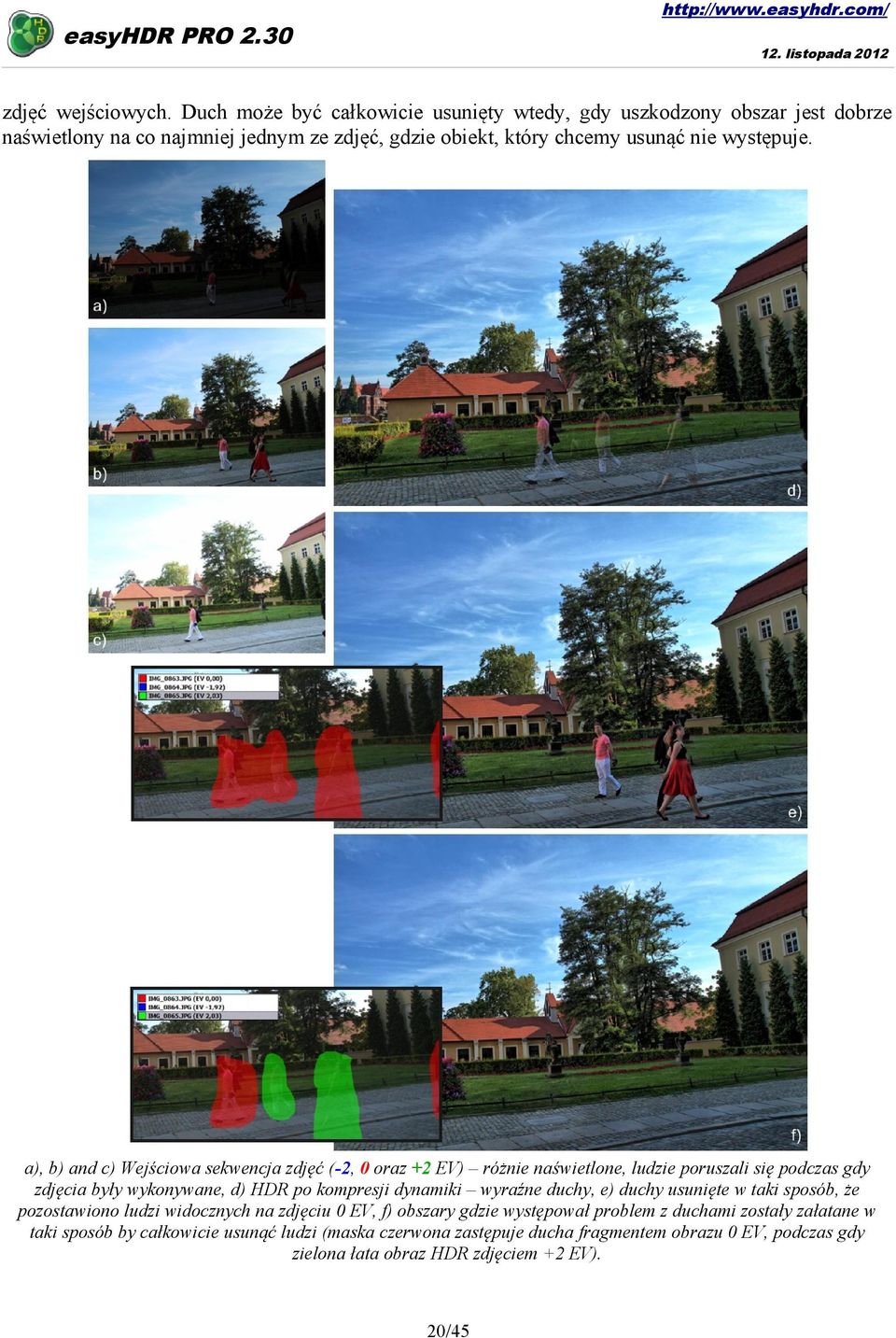a), b) and c) Wejściowa sekwencja zdjęć (-2, 0 oraz +2 EV) różnie naświetlone, ludzie poruszali się podczas gdy zdjęcia były wykonywane, d) HDR po kompresji dynamiki