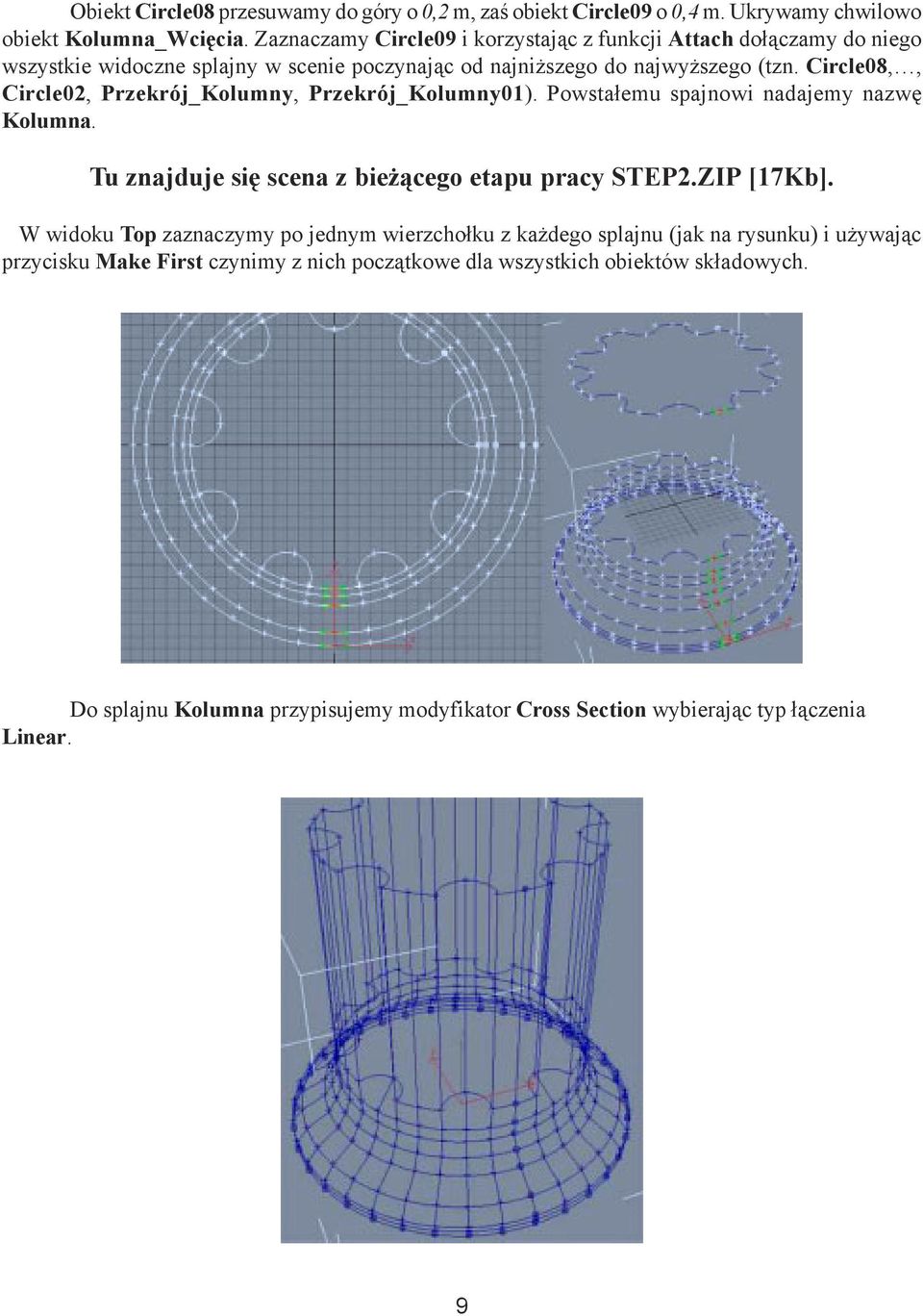 Circle08,, Circle02, Przekrój_Kolumny, Przekrój_Kolumny01). Powstałemu spajnowi nadajemy nazwę Kolumna. Tu znajduje się scena z bieżącego etapu pracy STEP2.ZIP [17Kb].