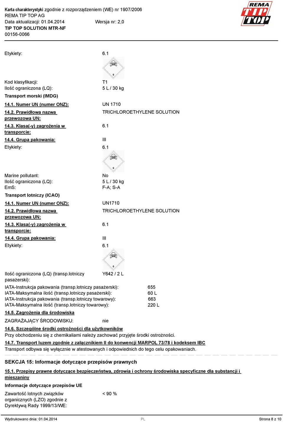 Prawidłowa nazwa przewozowa UN: 14.3. Klasa(-y) zagrożenia w transporcie: 14.4. Grupa pakowania: Etykiety: TRICHLOROETHYLENE SOLUTION III Ilość ograniczona (LQ) (transp.