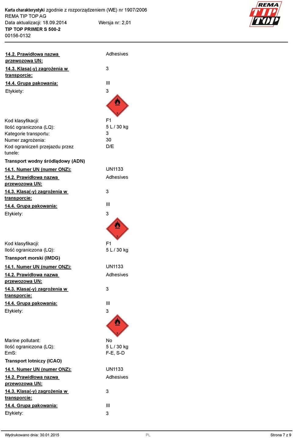 . Klasa(-y) zagrożenia w transporcie: 14.4. Grupa pakowania: III Etykiety: Adhesives Kod klasyfikacji: Ilość ograniczona (LQ): Transport morski (IMDG) F1 5 L / 0 kg 14.1. Numer UN (numer ONZ): UN11 14.