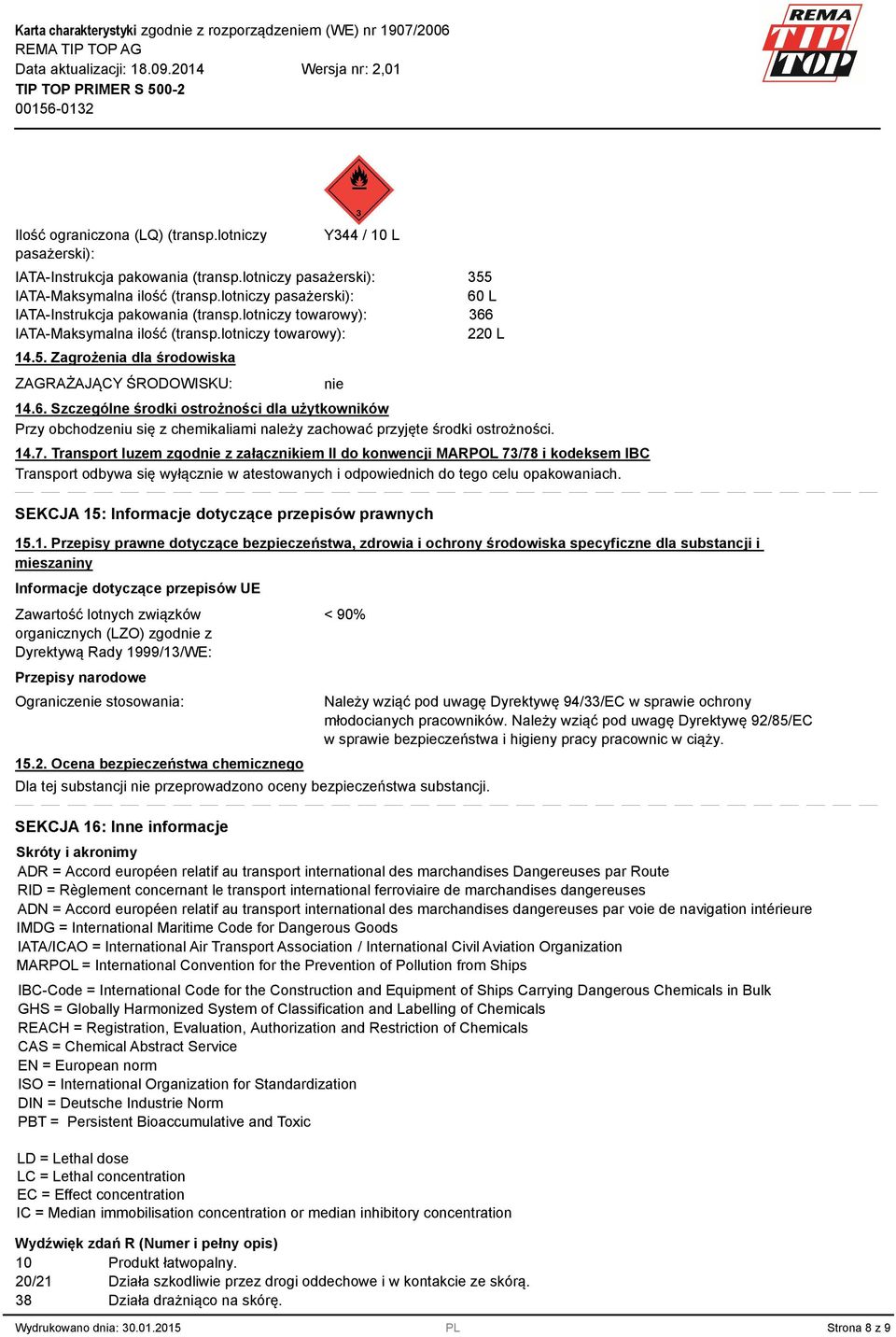 Zagrożenia dla środowiska ZAGRAŻAJĄCY ŚRODOWISKU: nie 55 60 L 66 220 L 14.6. Szczególne środki ostrożności dla użytkowników Przy obchodzeniu się z chemikaliami należy zachować przyjęte środki ostrożności.