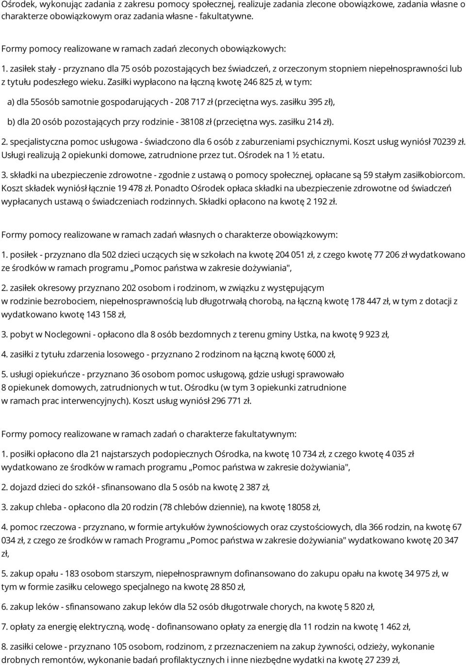 zasiłek stały - przyznano dla 75 osób pozostających bez świadczeń, z orzeczonym stopniem niepełnosprawności lub z tytułu podeszłego wieku.